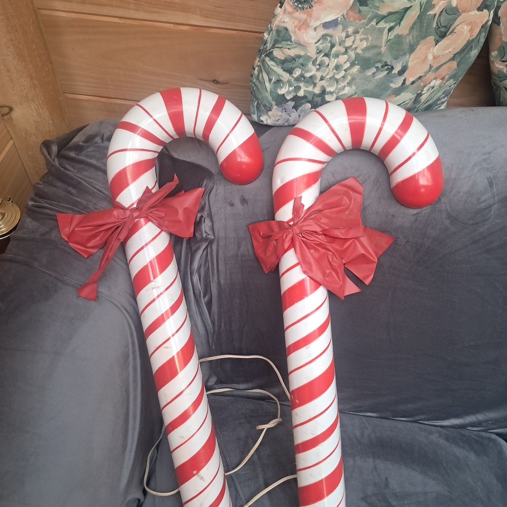 Festive Red and White Blow Mold Candy Cane Decorations with Bows 1950s